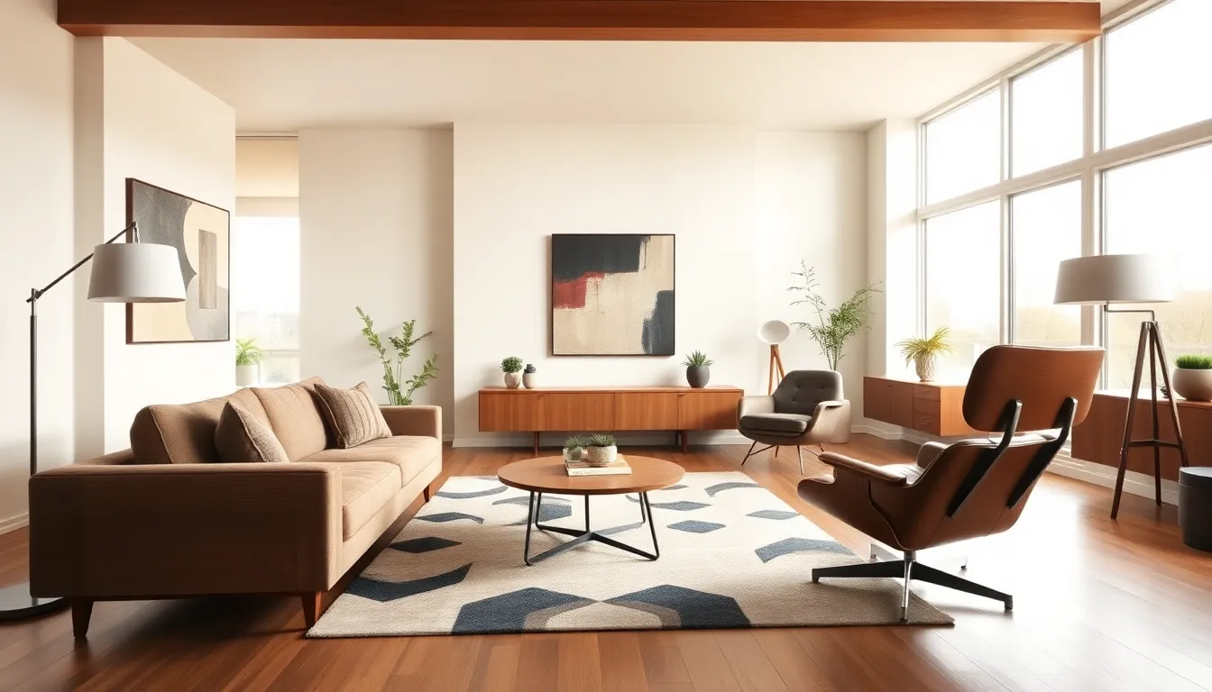 mid century modern living room with iconic furniture pieces.