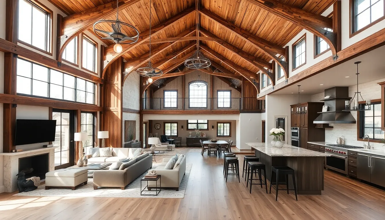 stylish barndominium interior blending rustic and modern design.