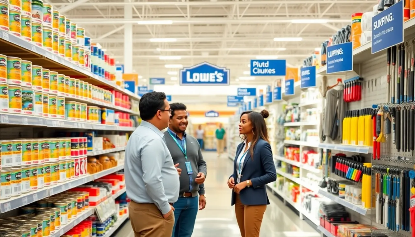 diverse customers discussing home improvement products in a Lowe's aisle.