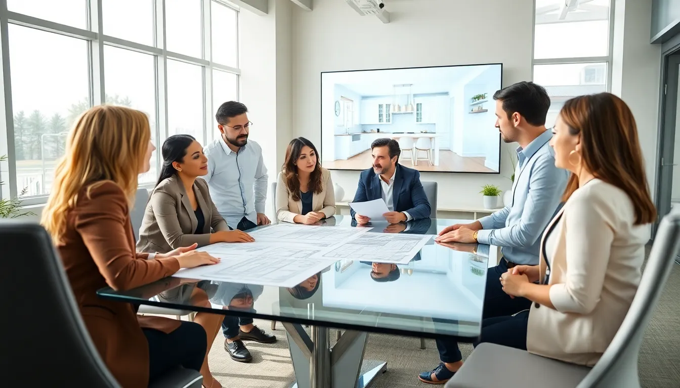 diverse professionals discussing home improvement loans in a modern office.