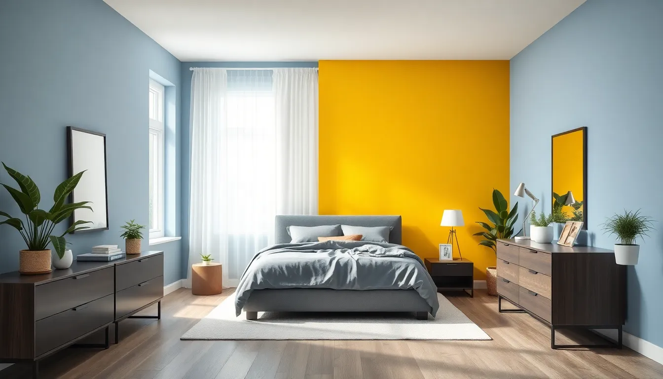 serene bedroom with calming blue walls and a yellow accent wall.