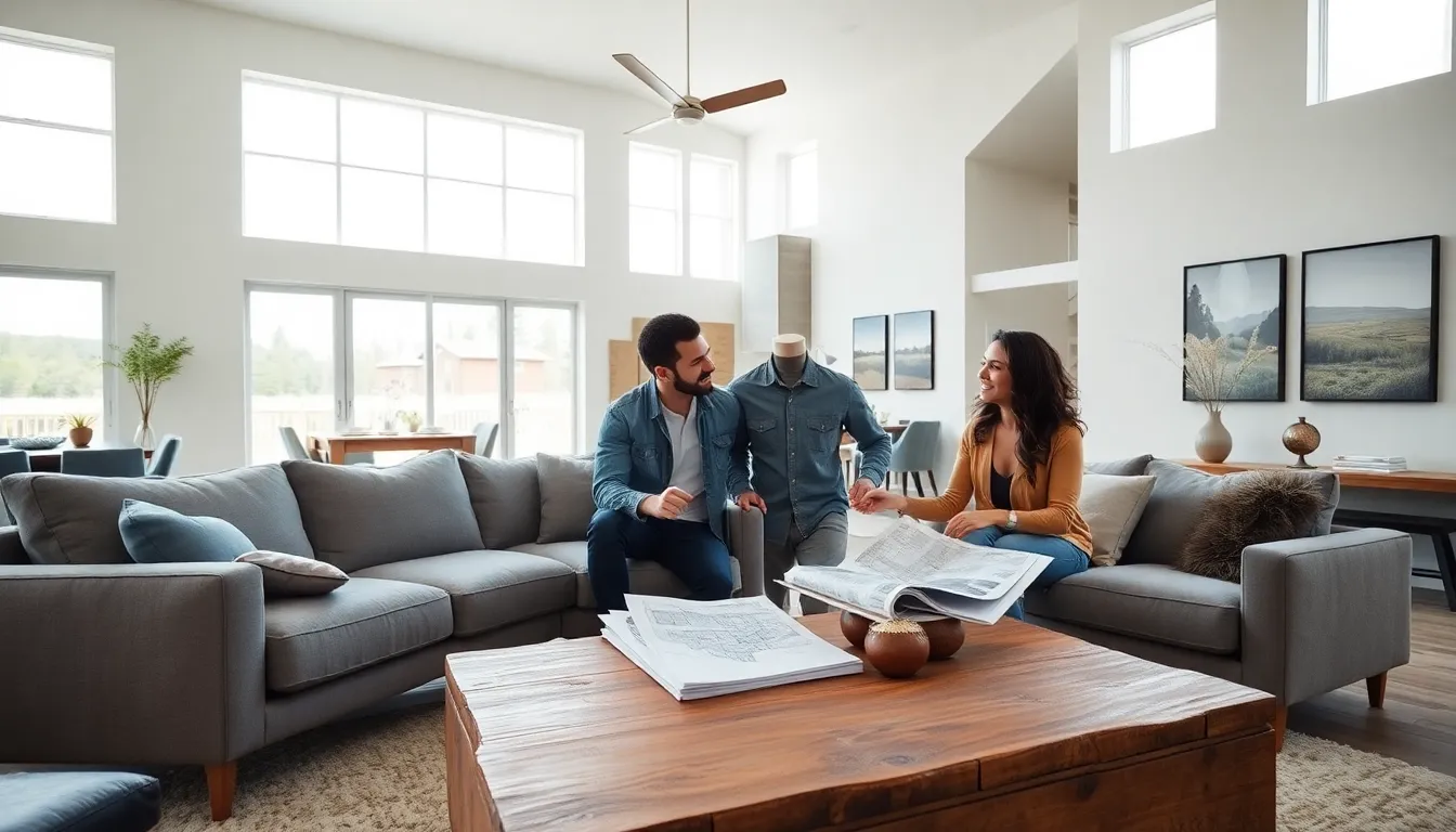 couple discussing home improvement in a modern Texas living room.